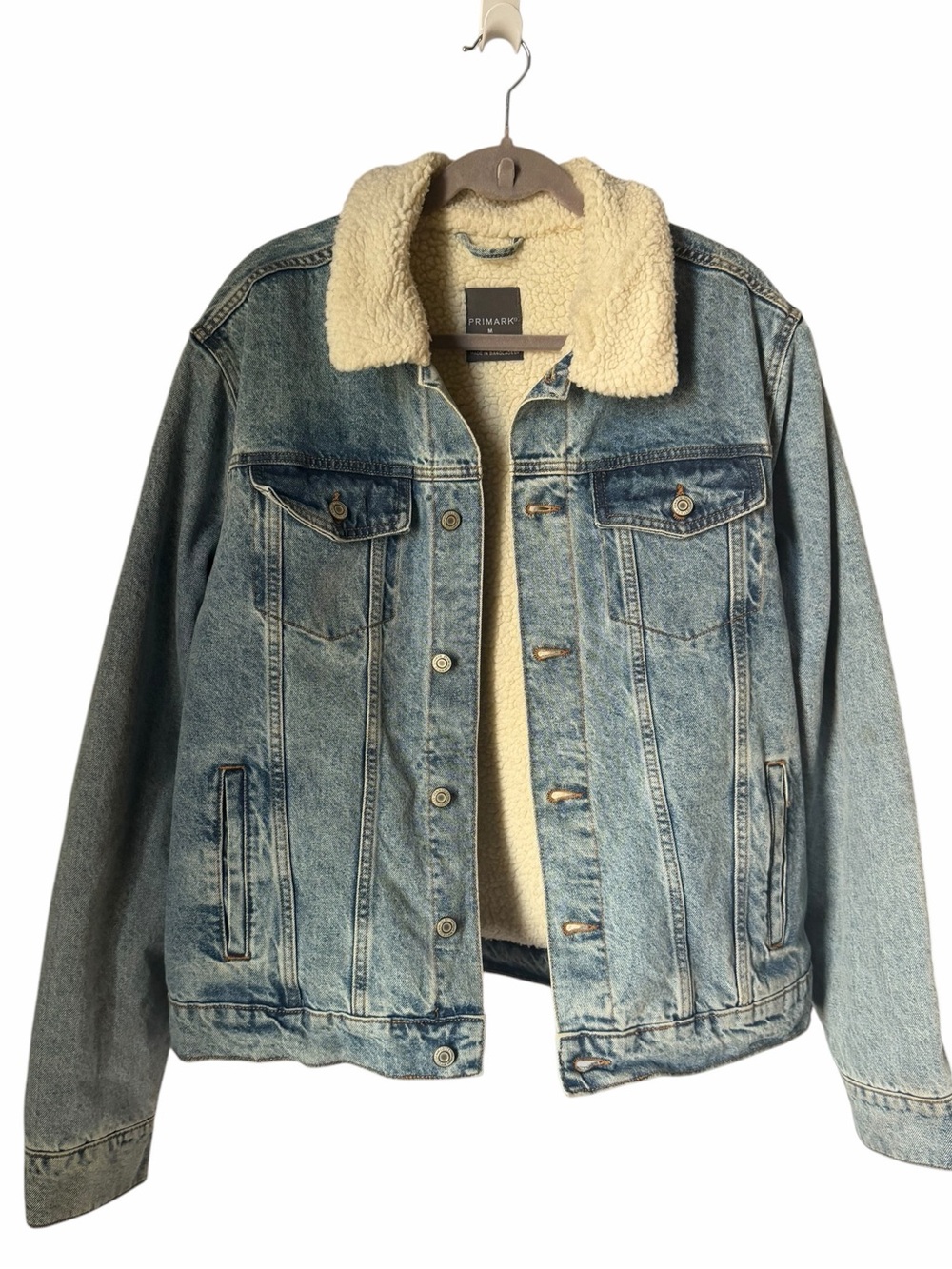 Primark Light Blue Denim Jacket Cream Sherpa Collar Lightweight Fall Autumn Jean